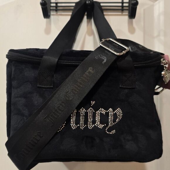 Juicy Couture Rhinestone Logo Embossed Leopord Velour Insulated Lunch Tote Bag - Picture 9 of 15